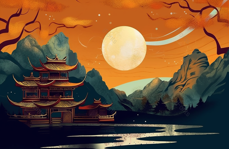中秋节中国风山水凉亭月亮插画,插画/手绘图,插画/手绘图库,插画/手绘图下载,插画/手绘